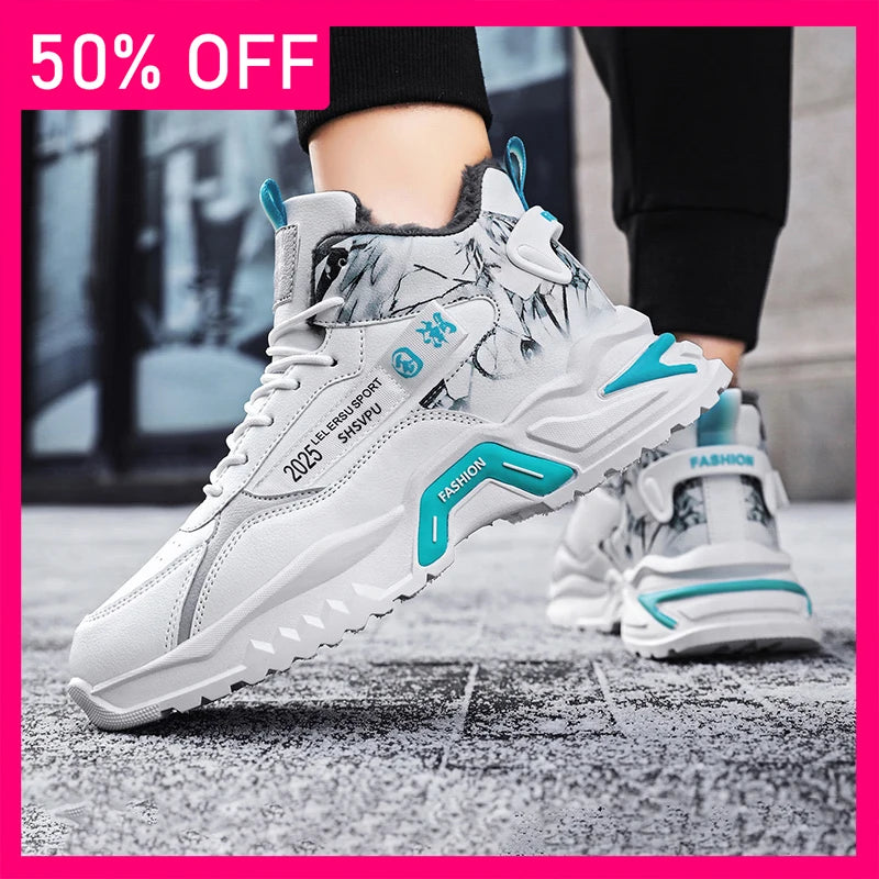 Men Sports Shoes Plush Comfortable Leather Winter Outdoor Walking Anti Slip Flat Bottom Fashion Commuting Versatile Sports Shoes