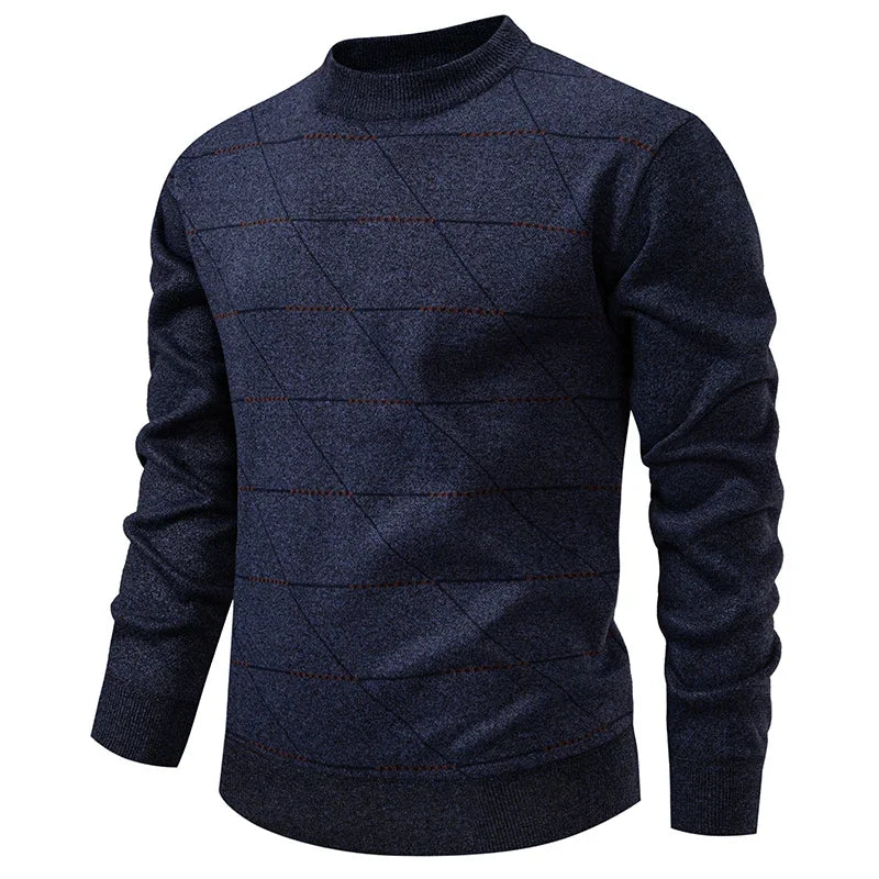 Diagonal Grid Pattern Male Knitted Top Fleece Lined Crew Neck Business Casual Long Sleeve Cold Season Knit Jumper