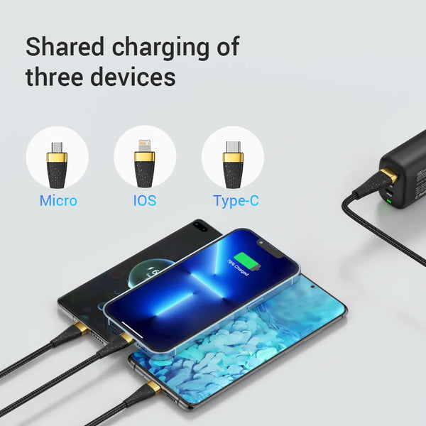ខ្សែសាកលឿន 3 ក្នុង 1 USB Type C Micro Portable 6A 100W ខ្សែសាក USB ច្រើនសម្រាប់ iPhone14 13 Pro Samsung Xiaomi Huawei