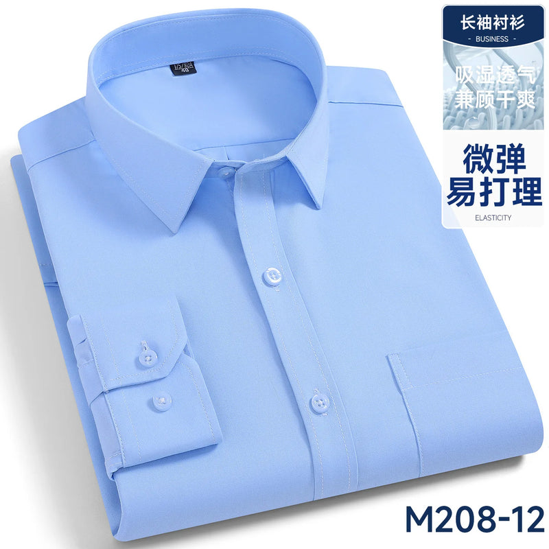Men's Black Long-sleeve Plaid Shirt for Spring and Fall; Wrinkle-resistant, Quick-drying, Casual Stretch Shirt. White,Gray,Blue.