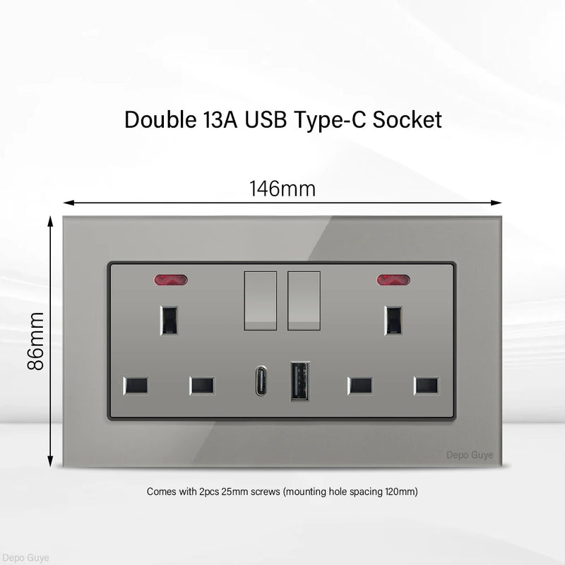 Grey UK 13A Tempered Glass USB Type C 18W Quick Charge Socket,Dual Universal Power Outlet,Home Light Electric Switch Panel