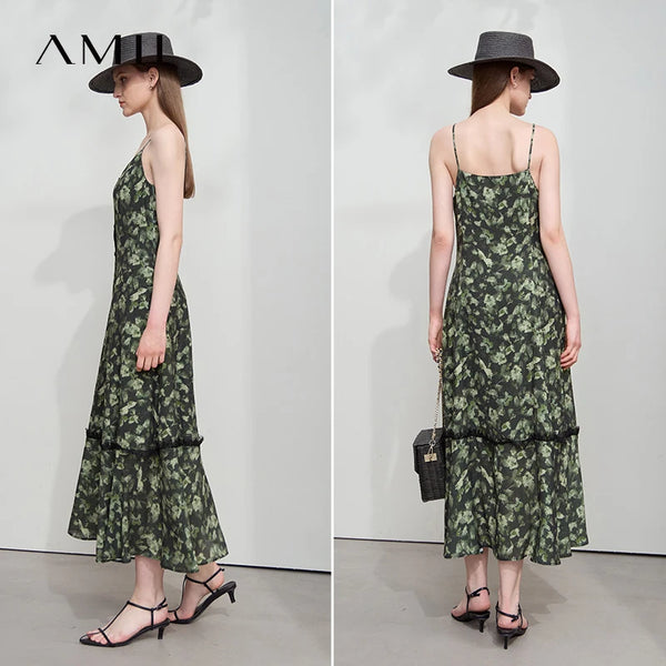 រ៉ូប Amii Minimalism សម្រាប់វិស្សមកាលធម្មតាឆ្នាំ ២០២៦ រដូវក្តៅថ្មីសម្រាប់ស្ត្រី រ៉ូបផ្កាចង្កេះស្ដើងបែប Vintage Crinkle Chiffon 12542080