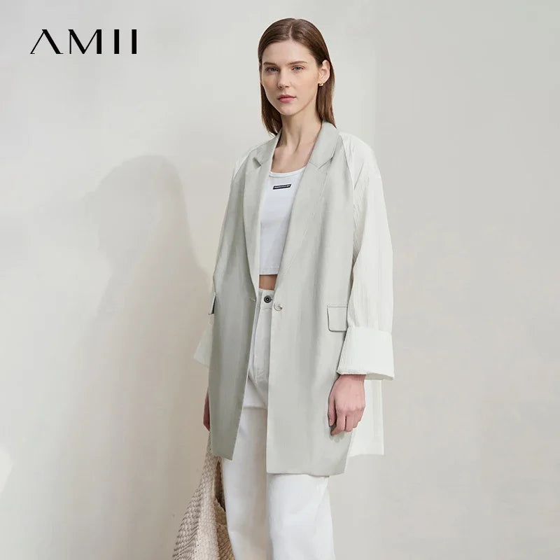 អាវក្រៅធម្មតាសម្រាប់នារី Amii Minimalist រដូវស្លឹកឈើជ្រុះឆ្នាំ ២០២៥ ធ្វើពីក្រណាត់ Lyocell Linen Collision Splicing Crumple Texture Loose Blazer 12551008