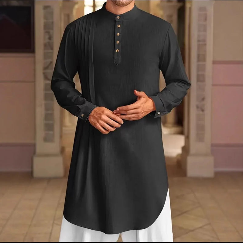 2026 Summer New Style Men's Long Cotton Shirt, Middle Eastern Arab Muslim Robe, Available in White, Black, Blue and Green.