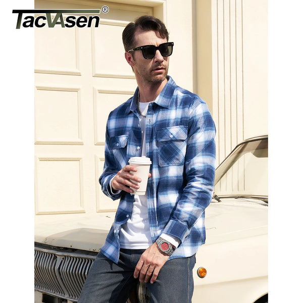 TACVASEN Casual Plaid Shirts Mens Button Up Long Sleeve Flannel Shirts Chest Pocket Shirt Jacket Lightweight Coat Male Outwear