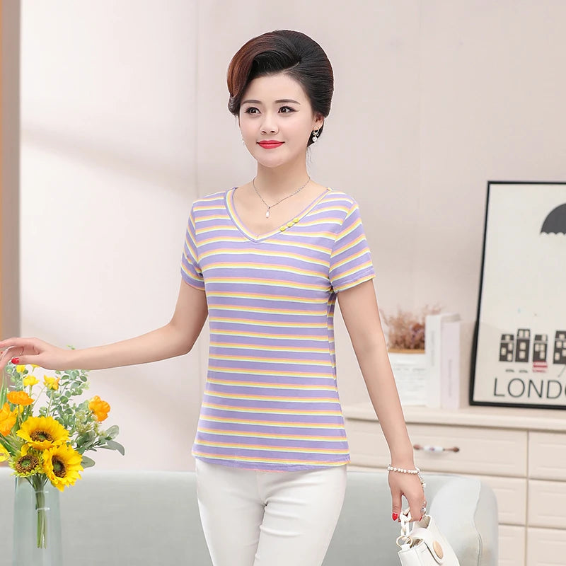 សម្លៀកបំពាក់នារីទាន់សម័យ អាវយឺតដៃខ្លីឆ្នូតៗ រដូវក្តៅ ធម្មតា គ្រប់ម៉ូដ ក V ស្តើង អាវការិយាល័យ អាវយឺតបុរាណ