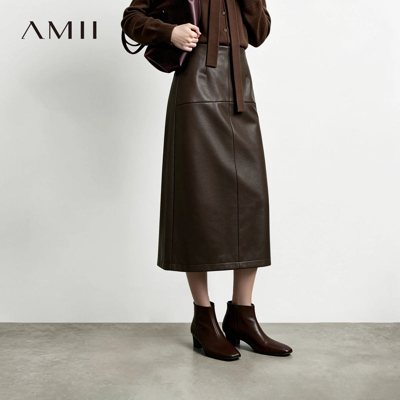 Amii Women PU Skirt Autumn Satin Elastic Waist Sash Belt Elegant Vintage Straight Midi Skirts Office Woman Clothing 12623056