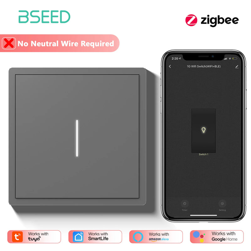 BSEED Zigbee Button Light Switch 1/2/3/4Gang Smart Wall Switch Tuya Smart Life Alexa Voice Control Plastic Frame No Neutral Line