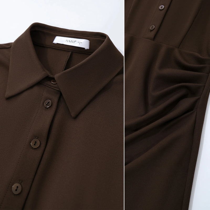 Amii Dress for Women Autumn Notched Collar Button Placket Slim Waist Asymmetrical Knitted Midi Dresses Woman Clothing 12623076