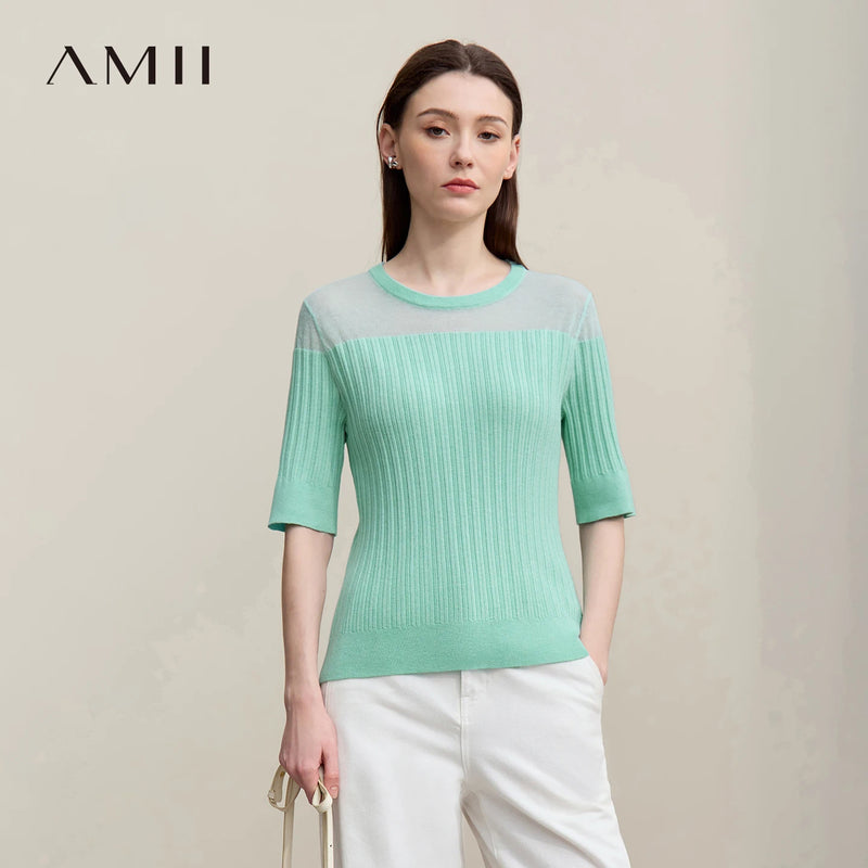 អាវប៉ាក់ Amii សម្រាប់នារី រដូវក្តៅ ឆ្នាំ២០២៦ អាវយឺតក O ដៃវែងថ្មី អាវយឺតសម្រាប់នារី អាវយឺតធម្មតា 12642153