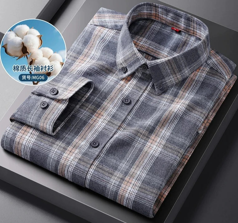 Men's Long-sleeve Shirt for Spring and Fall; Cotton-polyester Blend, Single-breasted, Notched-collar Striped Shirts.