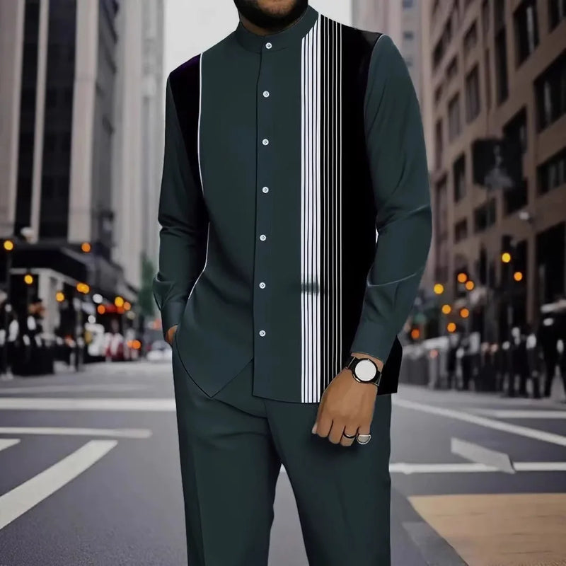 Men's Two-piece Set for Spring/Fall: An Ethnic-style Long-sleeve Shirt Paired with Pants, Red, Blue, Green, Gray, Black, Purple.