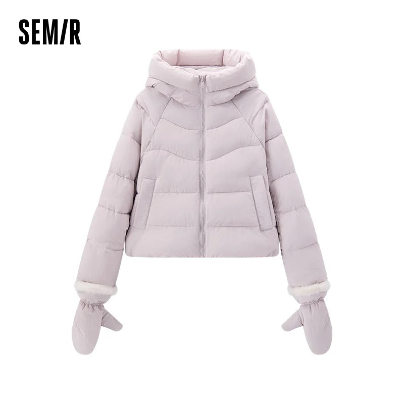 Semir Women Padded Jacket Raglan Sleeve Textured Loose Fit Hooded Glove Detail Minimal Style 2026 New Winter Daily Wear