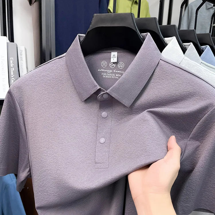 Men's Textured Polo Shirt Short Sleeve – Stretchy Blend, Soft Breathable, Multi-Color, Business Casual Summer Top