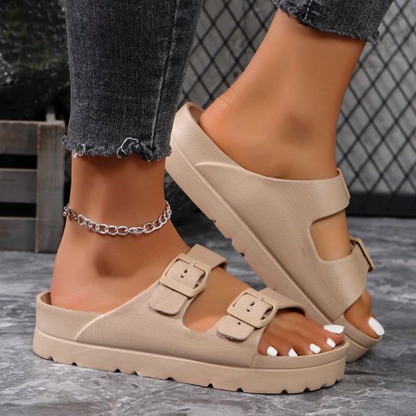 4cm High Ladies Slippers with Two Straps Double Buckles Platform Sandals Women Slides Cushion Lightweight 12 Colors Options