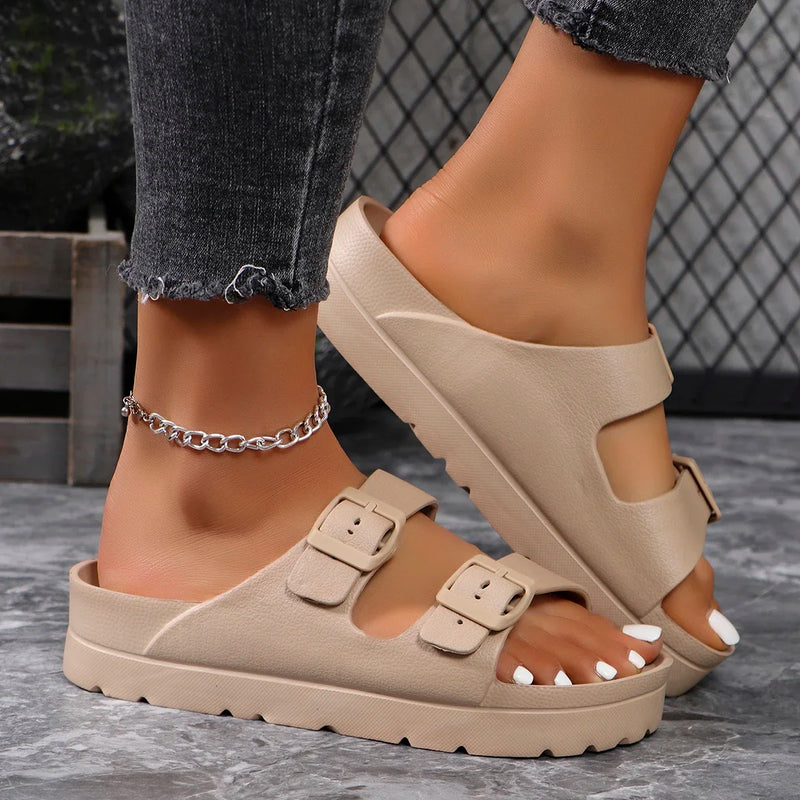 4cm High Ladies Slippers with Two Straps Double Buckles Platform Sandals Women Slides Cushion Lightweight 12 Colors Options
