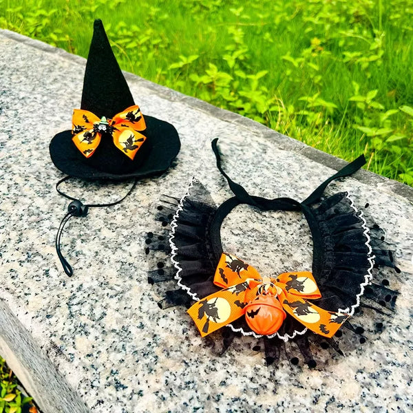 2026 New Pet Saliva Towel Hat Combination Halloween Decorative Cat Bib Dog Lace Scarf