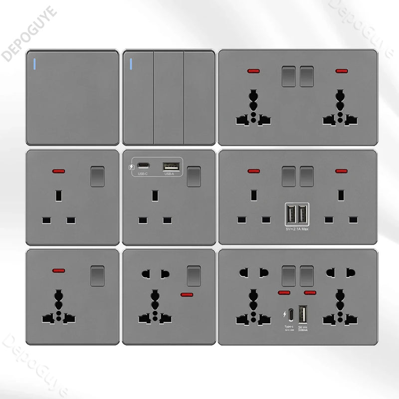 UK 13A with USB Type-c 18W Quick Charge Wall Power socket plug,Universal wall light switch Dual USB Electrical outlet AC110-250V