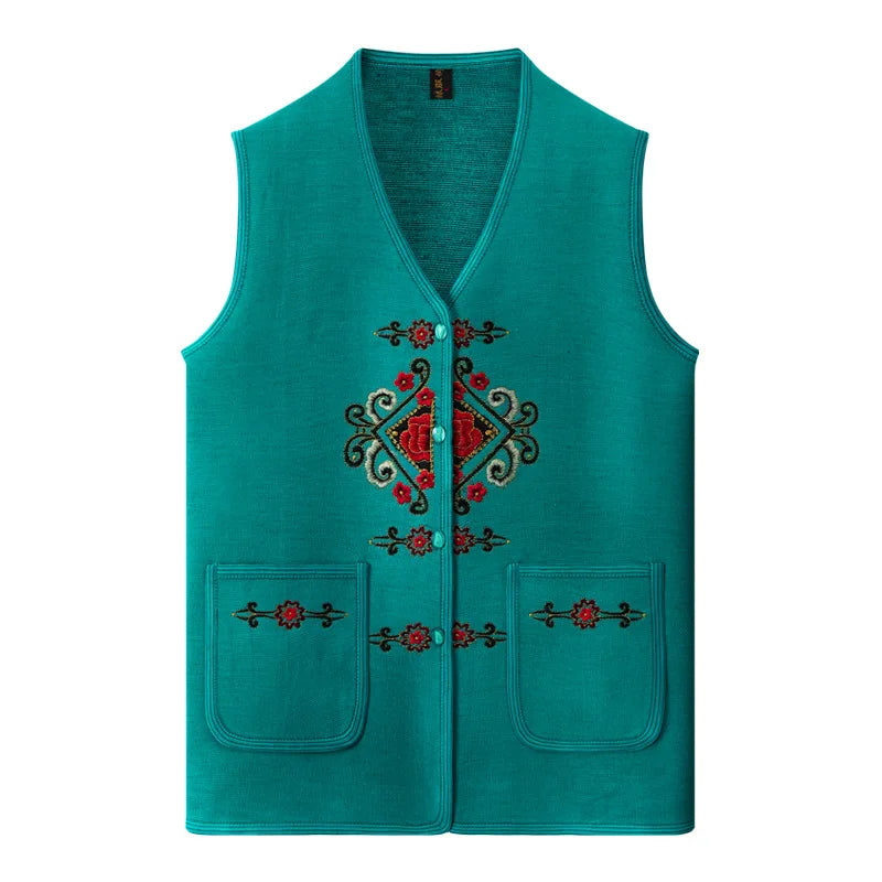 Vintage Printed Vests For Women Knit Tops Spring Autumn Middle Aged Mother Sweater Jacket Sleeveless Grandma Waistcoat XL-4XL