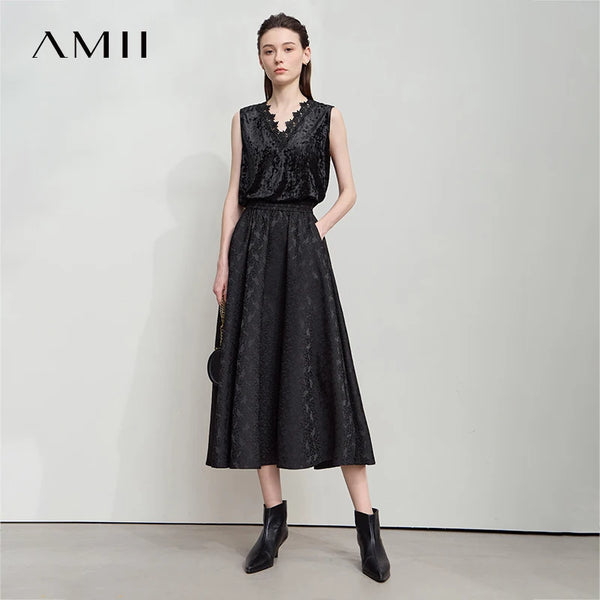AMII សំពត់ខ្លីពណ៌ខ្មៅរាងអក្សរ A សម្រាប់រដូវស្លឹកឈើជ្រុះឆ្នាំ ២០២៦ សម្រាប់នារី រចនាបថប្រណីត ចរឆើតឆាយ ចង្កេះយឺត សំពត់ផ្លូវការសម្រាប់នារី 12523037
