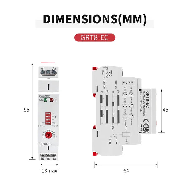 រេឡេកំណត់ពេលវេលា GEYA GRT8-EC 10A មុខងារពីរ រេឡេពន្យាពេលបើក ឬបិទ រេឡេពន្យាពេល AC220V AC380V ACDC24V-240V រេឡេកំណត់ពេលវេលា CE CB ROHS
