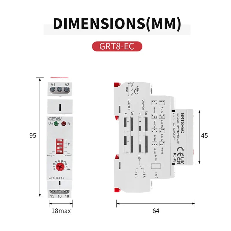 រេឡេកំណត់ពេលវេលា GEYA GRT8-EC 10A មុខងារពីរ រេឡេពន្យាពេលបើក ឬបិទ រេឡេពន្យាពេល AC220V AC380V ACDC24V-240V រេឡេកំណត់ពេលវេលា CE CB ROHS