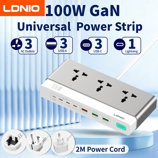 ឌុយភ្លើង LDNIO 10-in-1 រន្ធដោតភ្លើងលើតុ សាកលឿន 100W មានរន្ធដោត AC ចំនួន 3 រន្ធ PD QC USB C USB A ខ្សែភ្លើង 2M ឌុយ EU UK US KR