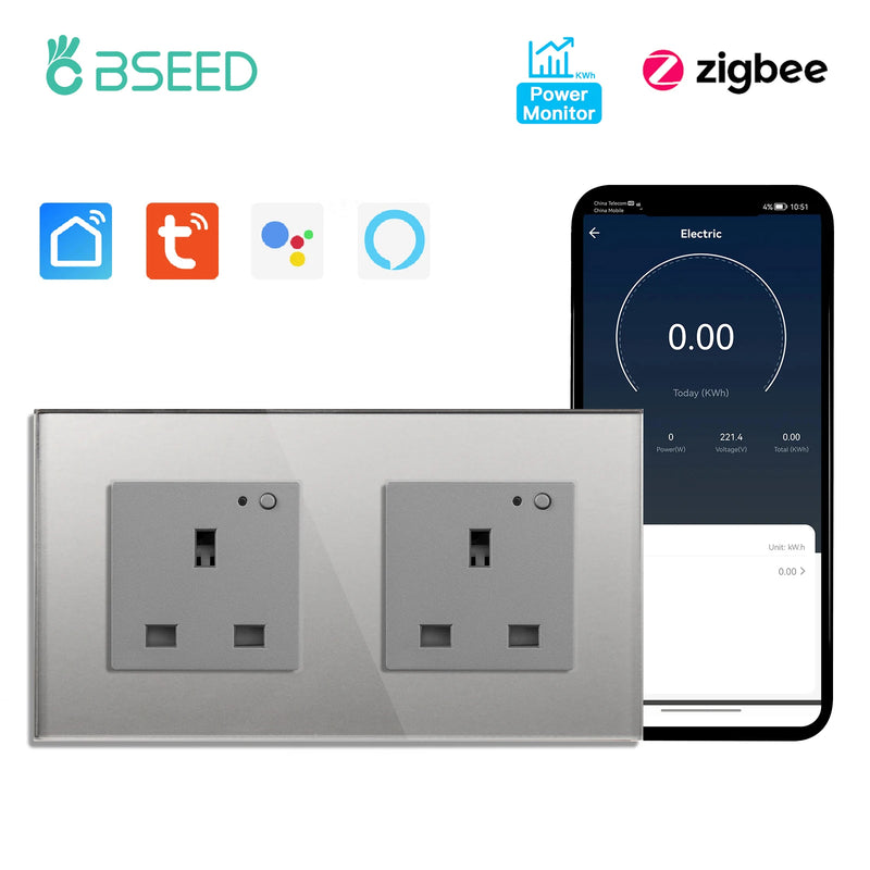 BSEED UK Standard Zigbee Power Monitor Socket Smart Double Electric Power Outlets Tuya Smart Iife Google Home Control 13A