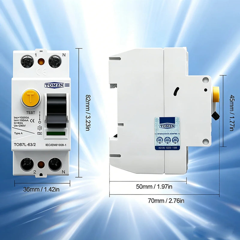 TOMZN Electromagnetic RCCB Residual Current Breaker – A/AC/B/F Type, 2P/4P, 40A/63A, 30/100/300mA, Anti-Electric Shock