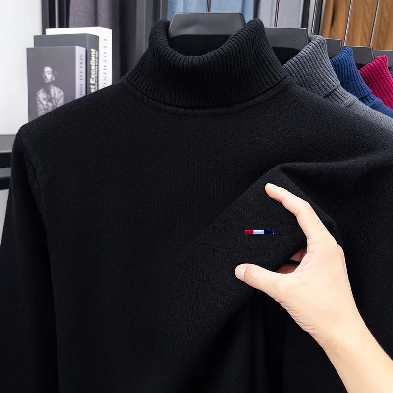 Luxury Men's Long-Sleeved Knitwear High Neck Striped Embroidery Pullover Sweater for Autumn Winter Leisure Daily Commute Versati