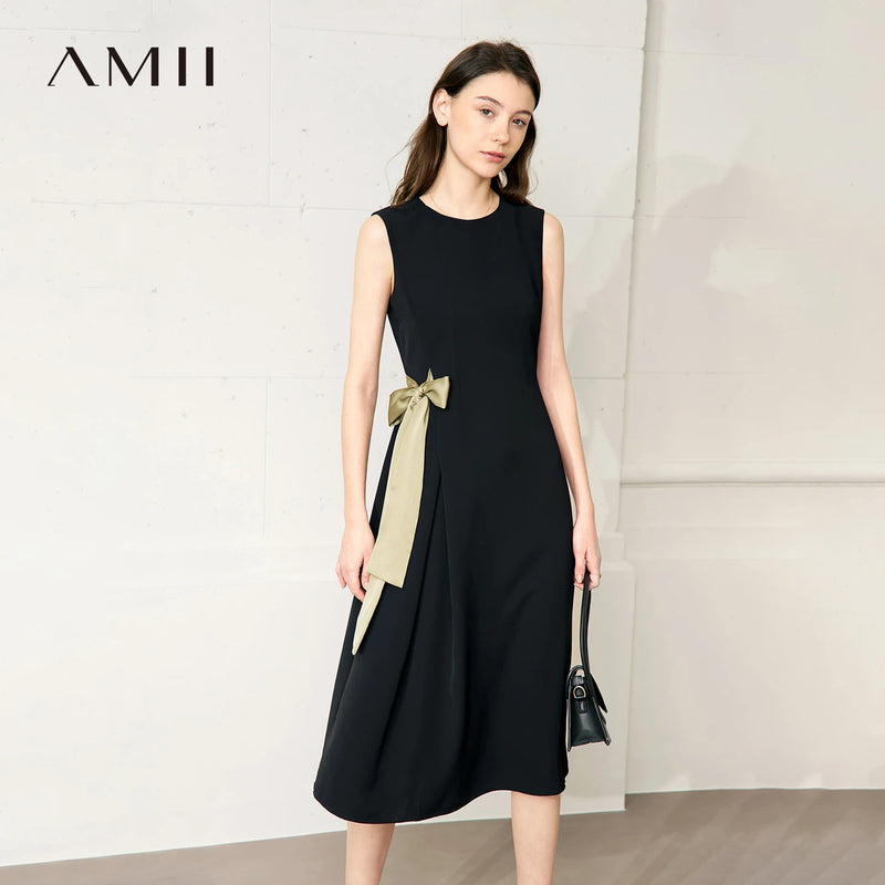 Amii Sleeveless Women's Dress 2026 Summer New Color Block Tie Detail O-Neck Elegant Office Casual Midi Womens Dresses 12642188