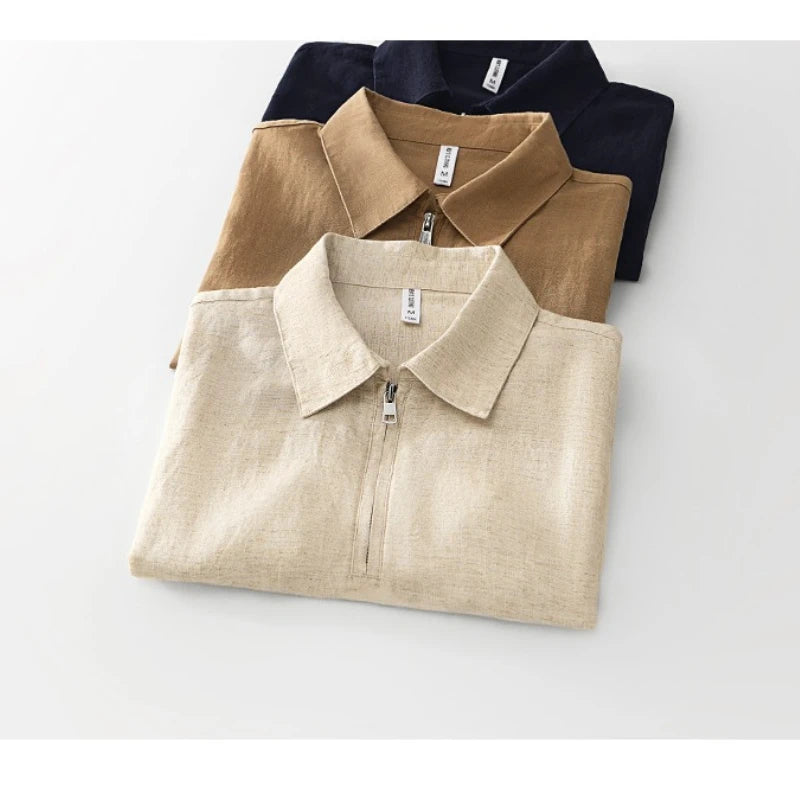 Men's Linen Blend Short Sleeve Polo Shirt, Breathable Fabric with Half Zip Neck, Casual Summer Top for Daily Wear, 3 Colors