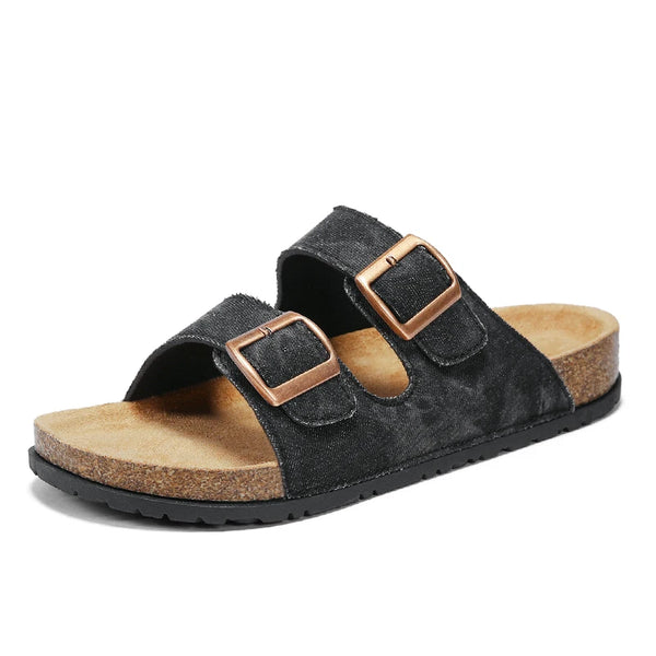 2026 New Black Denim Cork Sandals Double Buckle Adjustable Flat Slides Comfortable Arch Support Casual Slippers for Women Men