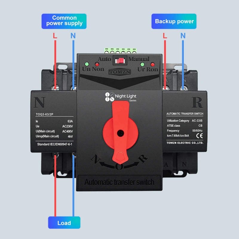 TOMZN TOQ3 Built-in Circuit Breaker | Short-Circuit & Overload Protection | 2 Input 2/1 Output | 2P/4P 63A125A with Night Light