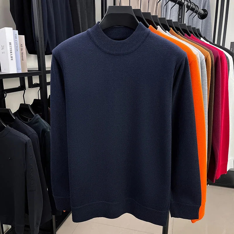 Soft Knitted Half High Neck Sweater Men Full Fleece Lined Thermal Pullover Breathable Long Sleeve Outfit For Fall Winter