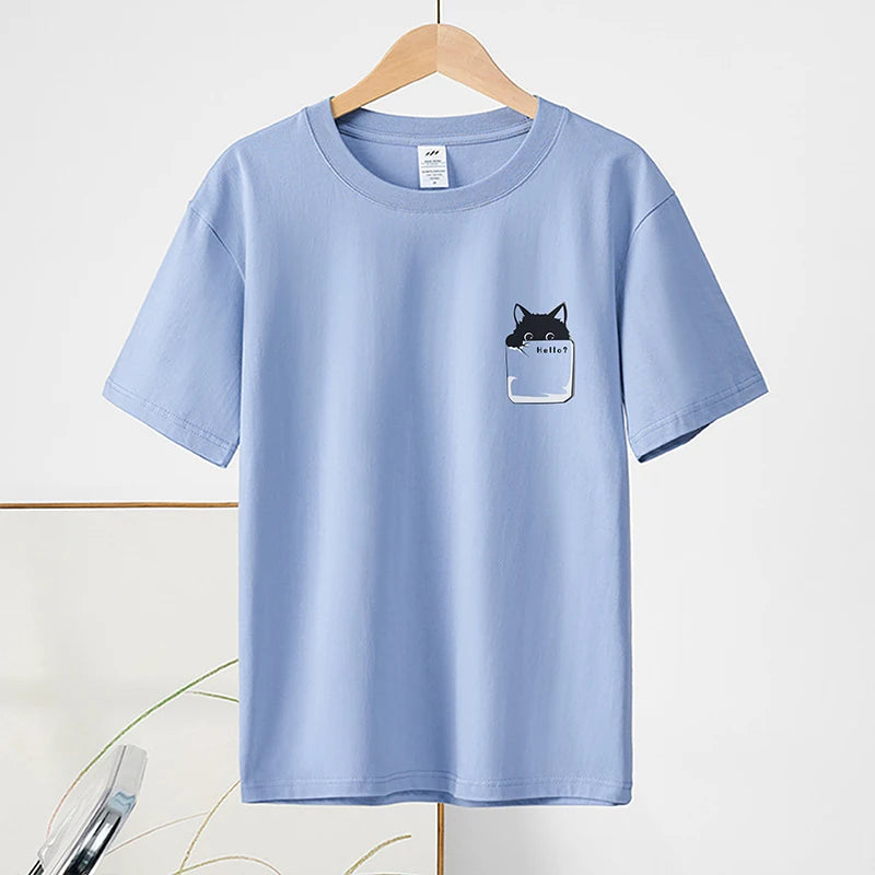 Summer New 100% Cotton Cat Printed Men T-shirts Short Sleeve Casual Solid Color Simple Thin Men Tops BOK0121