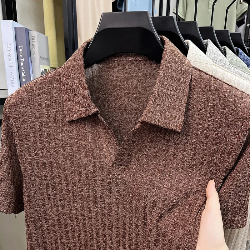 Men's Knitted Polo T Shirt Short Sleeve Ribbed Striped Design Breathable Fabric Lightweight Casual Business Summer Top