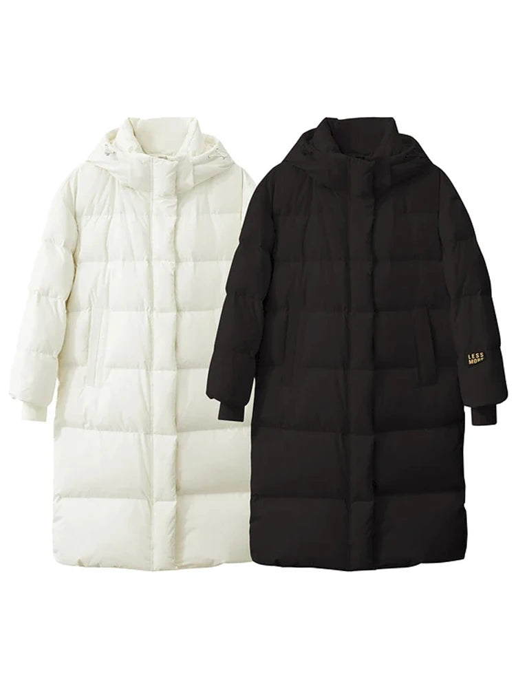 AMII Women's Heat Warm Storage Hooded Long Sleeve Duck Down Jacket Female Winter Letter Print Loose Outerwear Coats 12424044