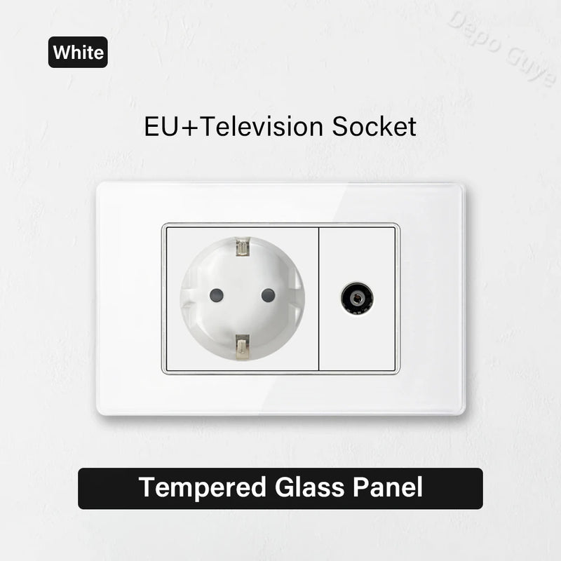 White Tempered Glass Panel Wall Light Switch Rocker Button EU Sockets Fast Charging CAT6 TV Power Outlet 118*75mm 16A AC110-250V