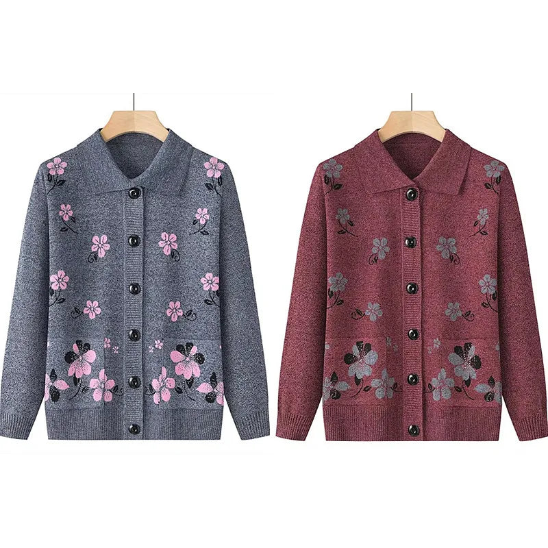 Grandma's Spring Autumn Cardigan Lapel Sweater Winter Womens Clothing Vintage Knitting Middle Aged Mother Knitwears Coat 4XL