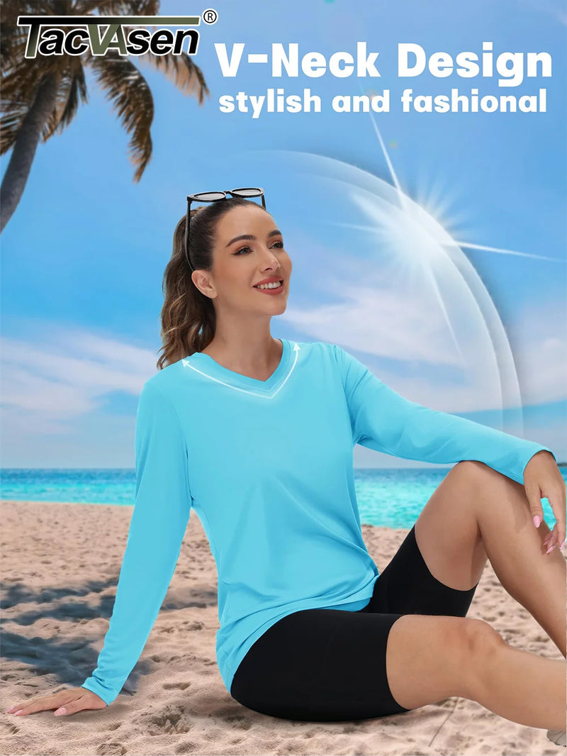 TACVASEN Summer Sun Protection Shirts UPF 50+ Womens Long Sleeve V Neck Shirts Lightweight Quick Dry Tee Shirts Outdoor Pullover