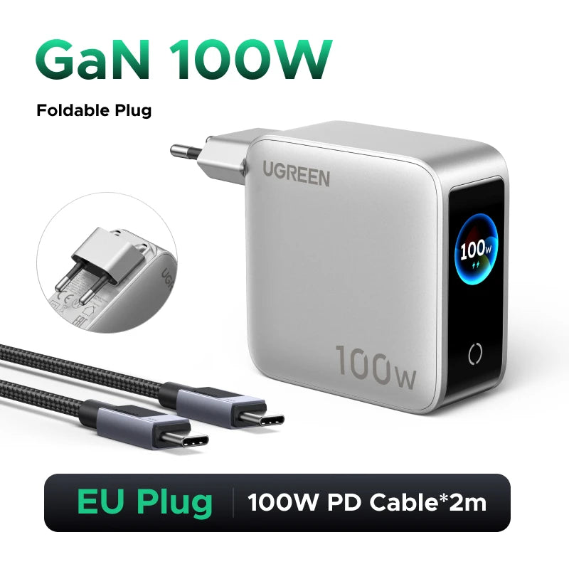 UGREEN 100W GaN Charger With Smart Display QC4.0 PD 3.0 USB C Charger For MacbookPro Laptop iPhone 18 17 Pro iPad Tablet Samsung