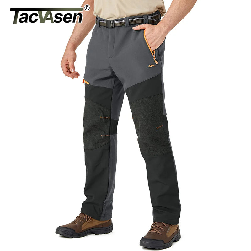 TACVASEN Winter Fleece Pants Mens Waterproof Camping Fishing Hiking Pants Zipper Pocket Reinforce Knee Casual Trousers Male