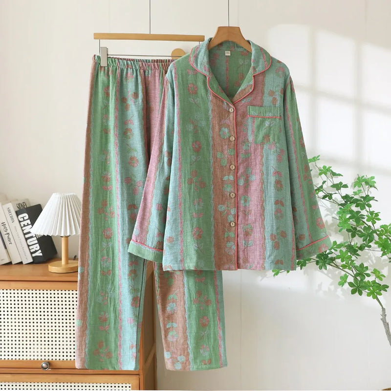 Retro Style Nighty For Woman Nightwear Autumn 2 Pcs Long Sleeves Lapel Women's Pajamas Cotton Sleepwear Comfort for Homewear