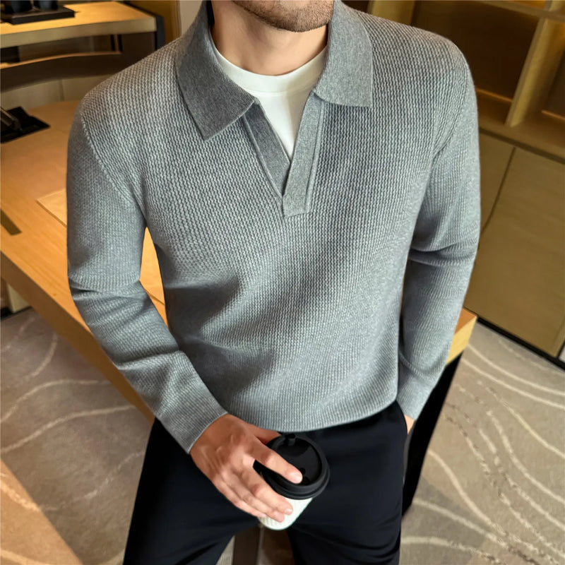 Men's 2025 Autumn Winter Old Money V-Neck Sweater, Seagull Collar Wool Blend, Gray Black Khaki Brown