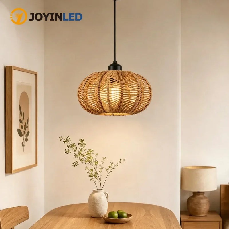 JOYINLED E27 Woven Chandelier Boho Pendant Lamp with Handwoven Rattan Basket Lamps Hade Hanging Light Fixture Bedroom Farmhouse