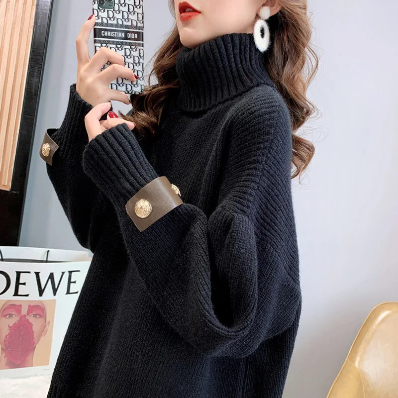 Sweater Women's Korean Medium Long Top Autumn Winter Turtleneck Warm Pullover Shirt Long Sleeve Knitwear Jumper Female Sueter