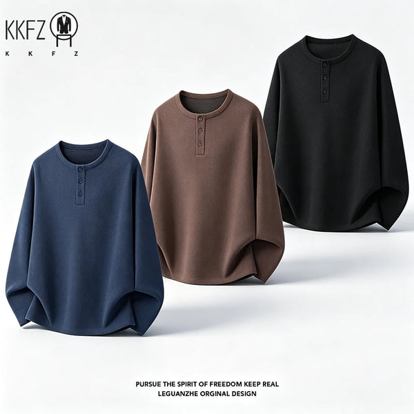 Mens Casual Loose Long Sleeve Henley Top Waffle Knit Texture Three Button Placket Breathable Fabric Daily Wear