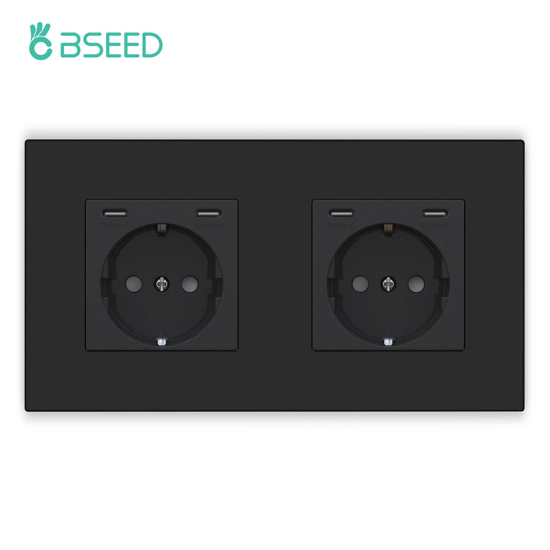BSEED EU Standard Wall Socket Single Power Outlets USB Type-C Port 20W Fast Charge Plastic Panel Triple Electric Plugs 16A