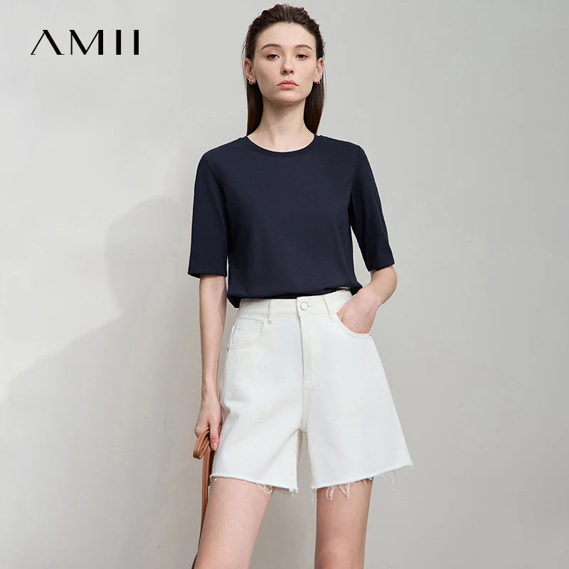 AMII Minimalist Cotton Black T-Shirt for Women 2025 Office Lady O Neck Plain Knit Tee Tops Female Clothes Summer Wear 12522172